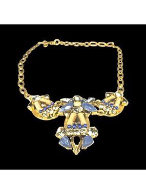 J.Crew Statement Necklace Blue Rhinestone Crystal Gold Tone Bib Necklace 16"
